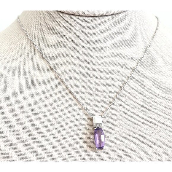14K Solid White Gold Faceted Amethyst Diamond Accent Pendant Chain Necklace 18" - Picture 1 of 11